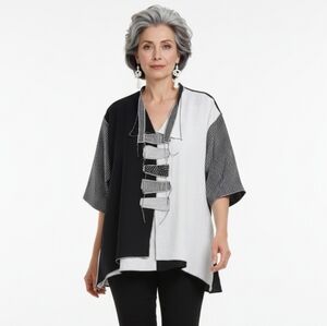 Xiao Lagenlook Contemporary Black White Cotton Trapeze Top Shirt M (B29)